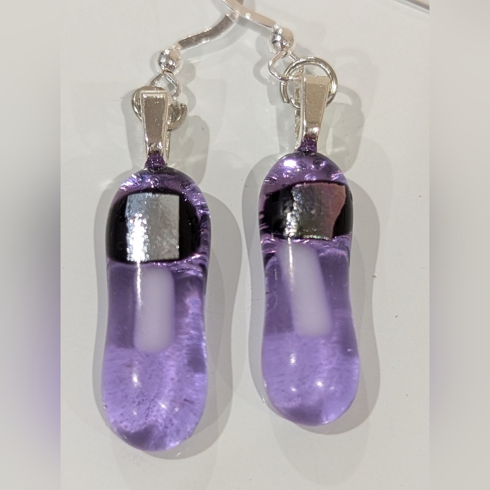 Artisan Handmade Fused glass purple drop earrings with silver dichroic glass